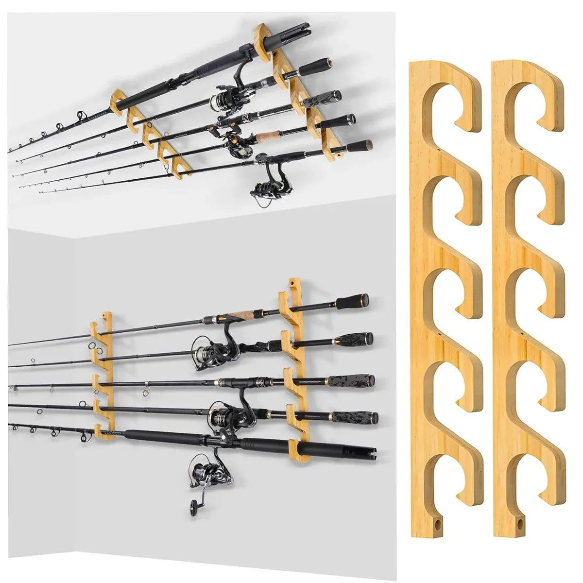 1Pair Bamboo Fishing Rod Holder Wall Mounted Wooden Storage Rack Stand Organizer