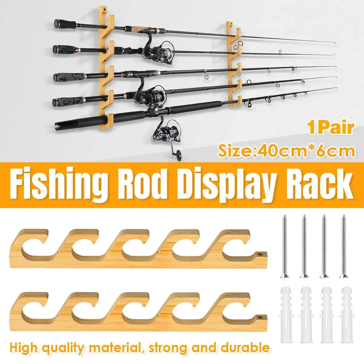 1Pair Bamboo Fishing Rod Holder Wall Mounted Wooden Storage Rack Stand Organizer