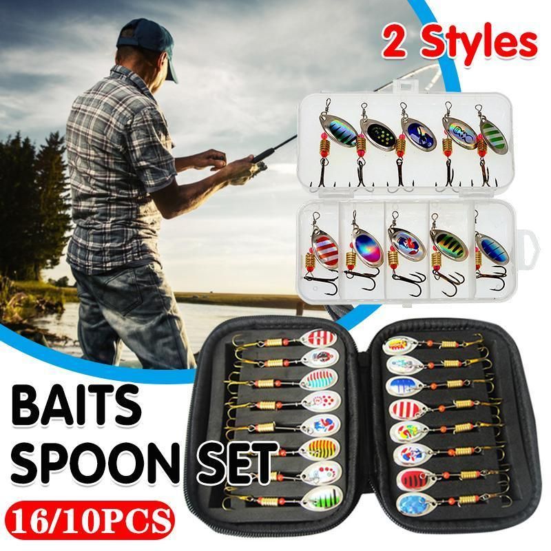 10/16PCS Fishing Lure Spinners Baits Spoon Set with Tackle Bag Trout Bass Tackle - B(10PCS)