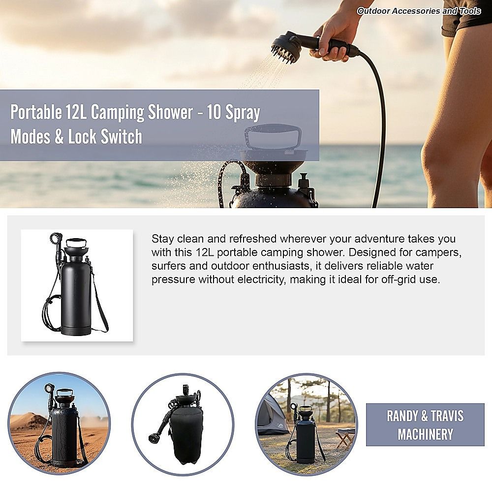Portable 12L Camping Shower - 10 Spray Modes & Lock Switch