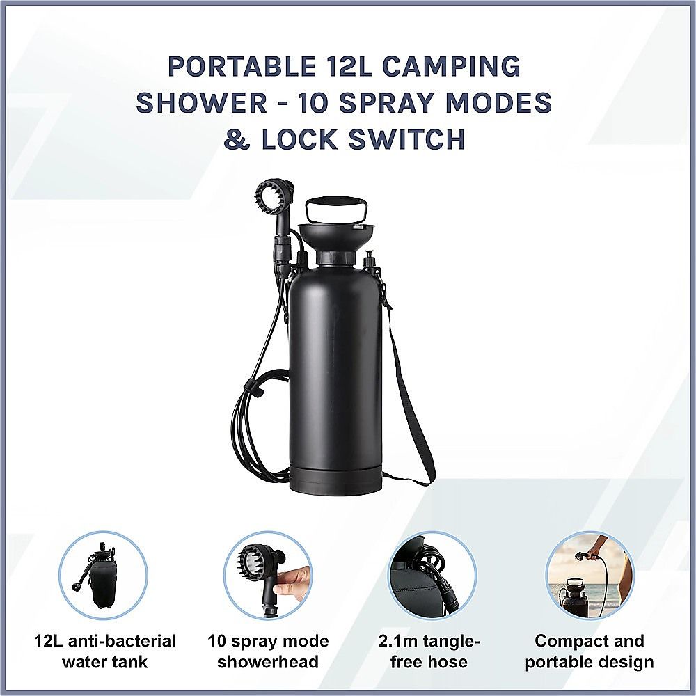 Portable 12L Camping Shower - 10 Spray Modes & Lock Switch