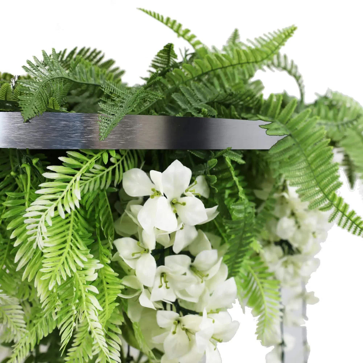 Silver Framed Roof Hanging Disc With Draping Life-Like Wisteria Flowers UV Resistant 60cm