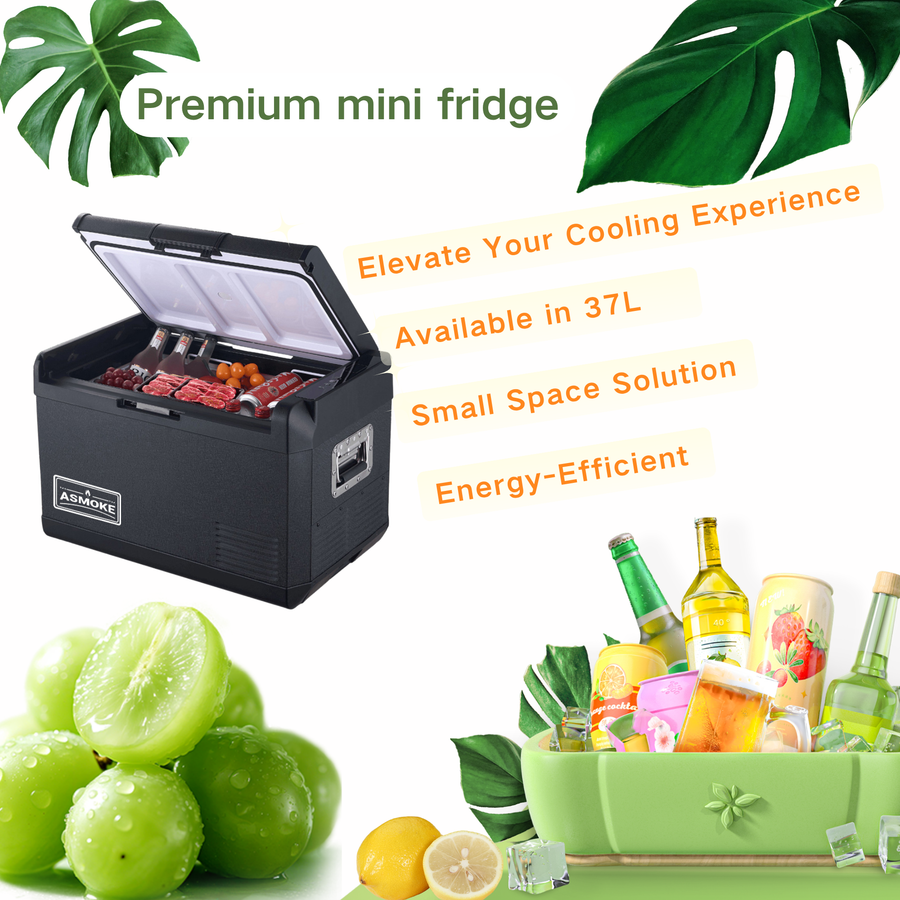 ASMOKE Premium Mini Fridge | 37L Compact Refrigerator with Roll-Bond Evaporator & Internal Light for Camping, RV & BBQ