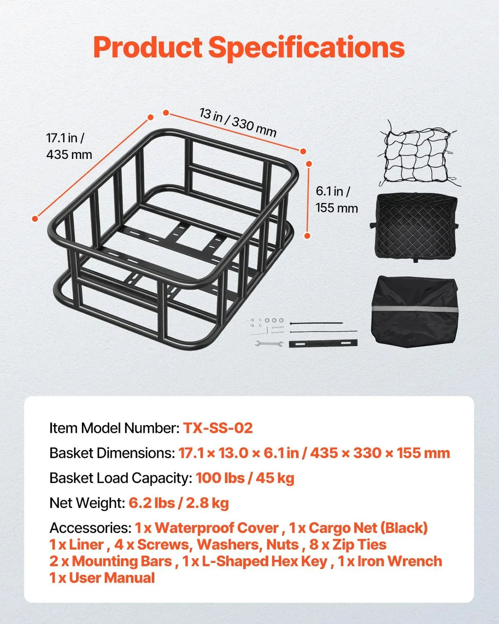 Rear Bike Basket, Medium Bicycle Basket with Cargo Net, Liner & Waterproof Cover, Pets, Mounting Tools Included