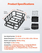 Rear Bike Basket, Medium Bicycle Basket with Cargo Net, Liner & Waterproof Cover, Pets, Mounting Tools Included