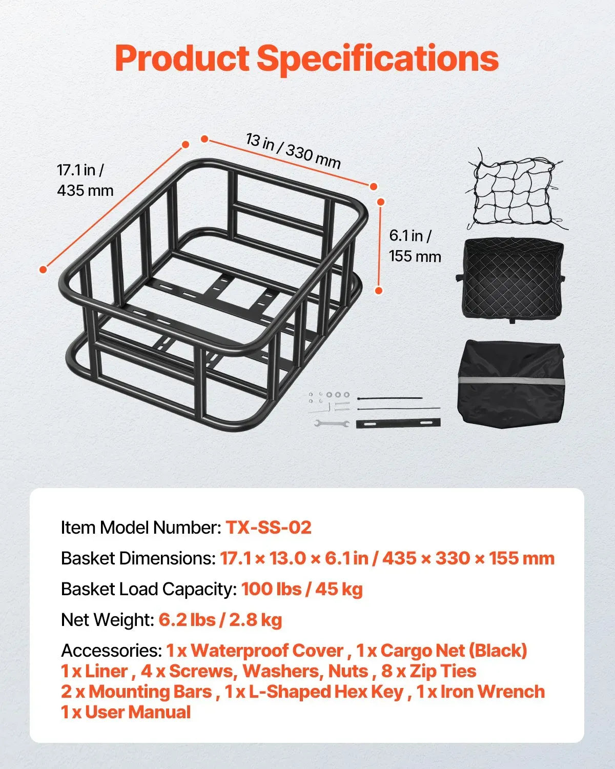 Rear Bike Basket, Medium Bicycle Basket with Cargo Net, Liner & Waterproof Cover, Pets, Mounting Tools Included
