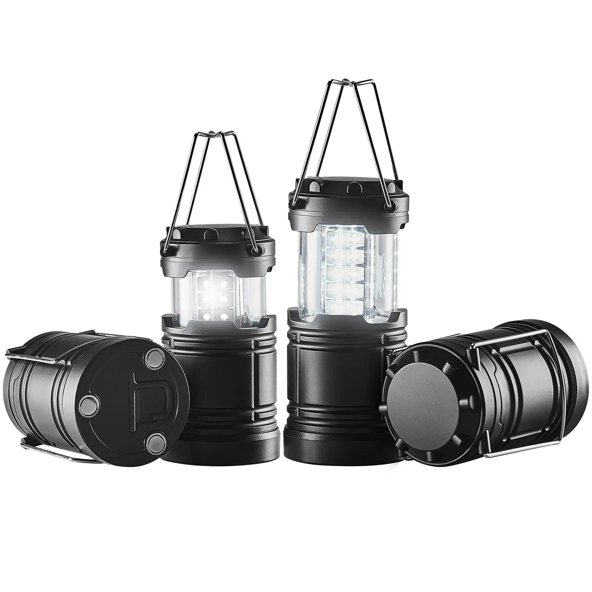 LED Camping Lanterns, 4 Pack, Magnetic Base, Battery Powered Lights, Lightweight Hanging Collapsible Lights, Black