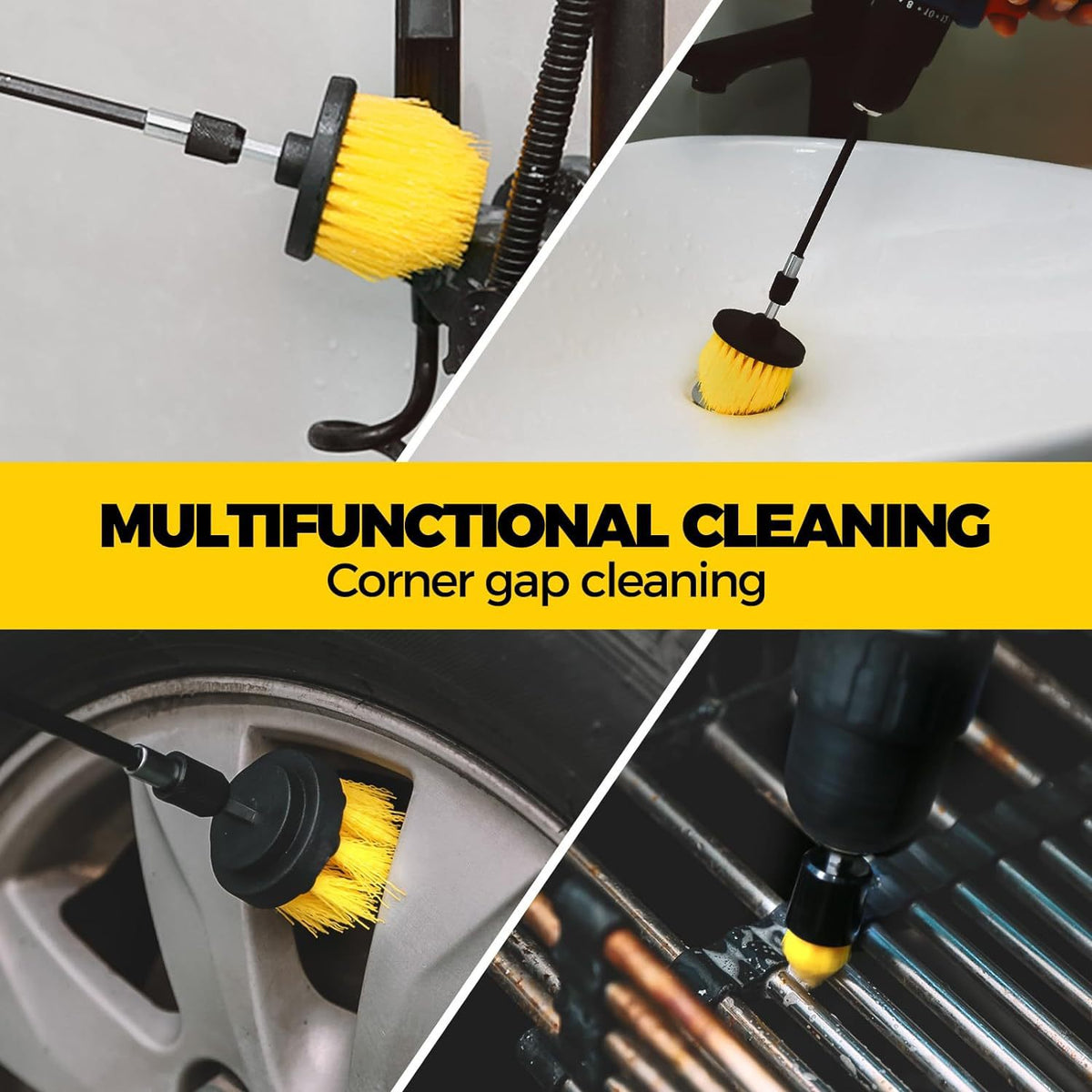 Yellow and Black Complete 7-Piece Drill Brush Power Scrubber Set - All-Purpose Cleaning Kit for Bathroom, Tile, Car Detailing & More