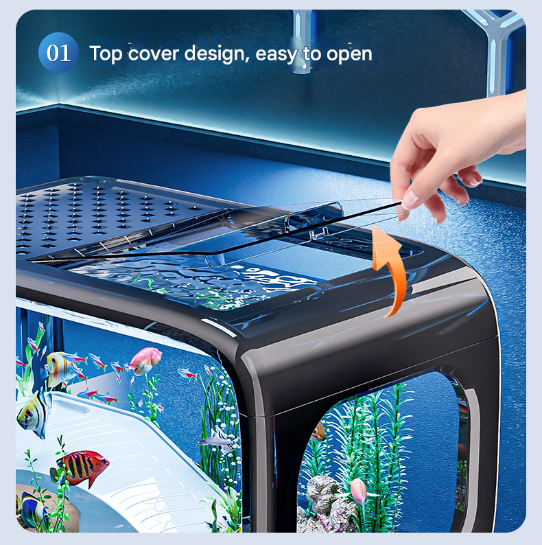 Brown  Modern Desktop Aquarium & Turtle Tank - Panoramic Viewing Fish Tank with Basking Platform & Lid