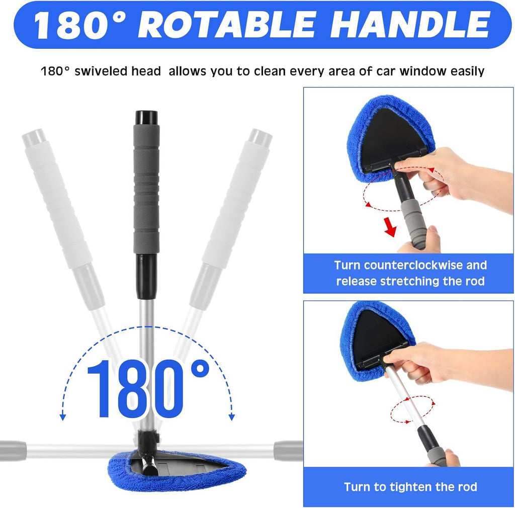 Blue Car Windshield Cleaner Tool, Inside with 4 Reusable and Washable Microfiber Pads and Extendable Handle, Moisture Removal Tool