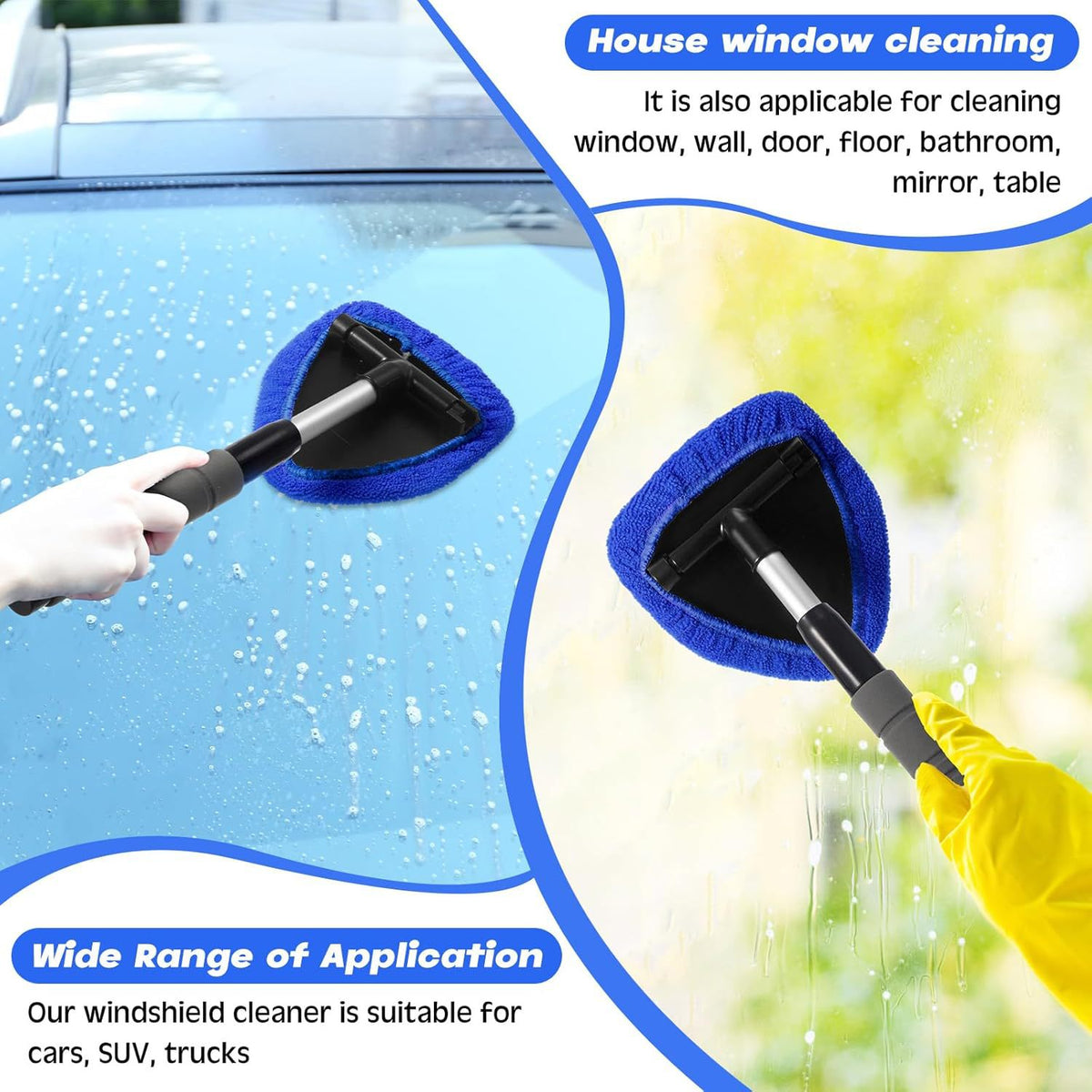 Blue Car Windshield Cleaner Tool, Inside with 4 Reusable and Washable Microfiber Pads and Extendable Handle, Moisture Removal Tool