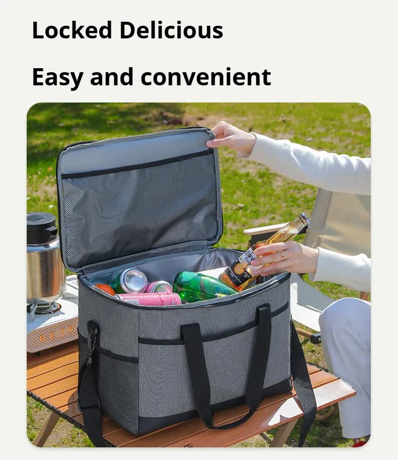 Large 35L Insulated Cooler Bag Soft Sided Leakproof Thermal Tote for Camping Beach Picnic BBQ Heavy Duty Grocery Carrier Black