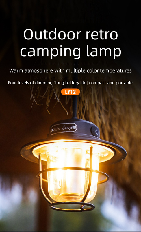 Retro LED Camping Lantern Rechargeable Pinecone Light Dimmable 4 Modes IPX4 Waterproof Hanging Tent Lamp for Outdoor Hiking Fishing Black