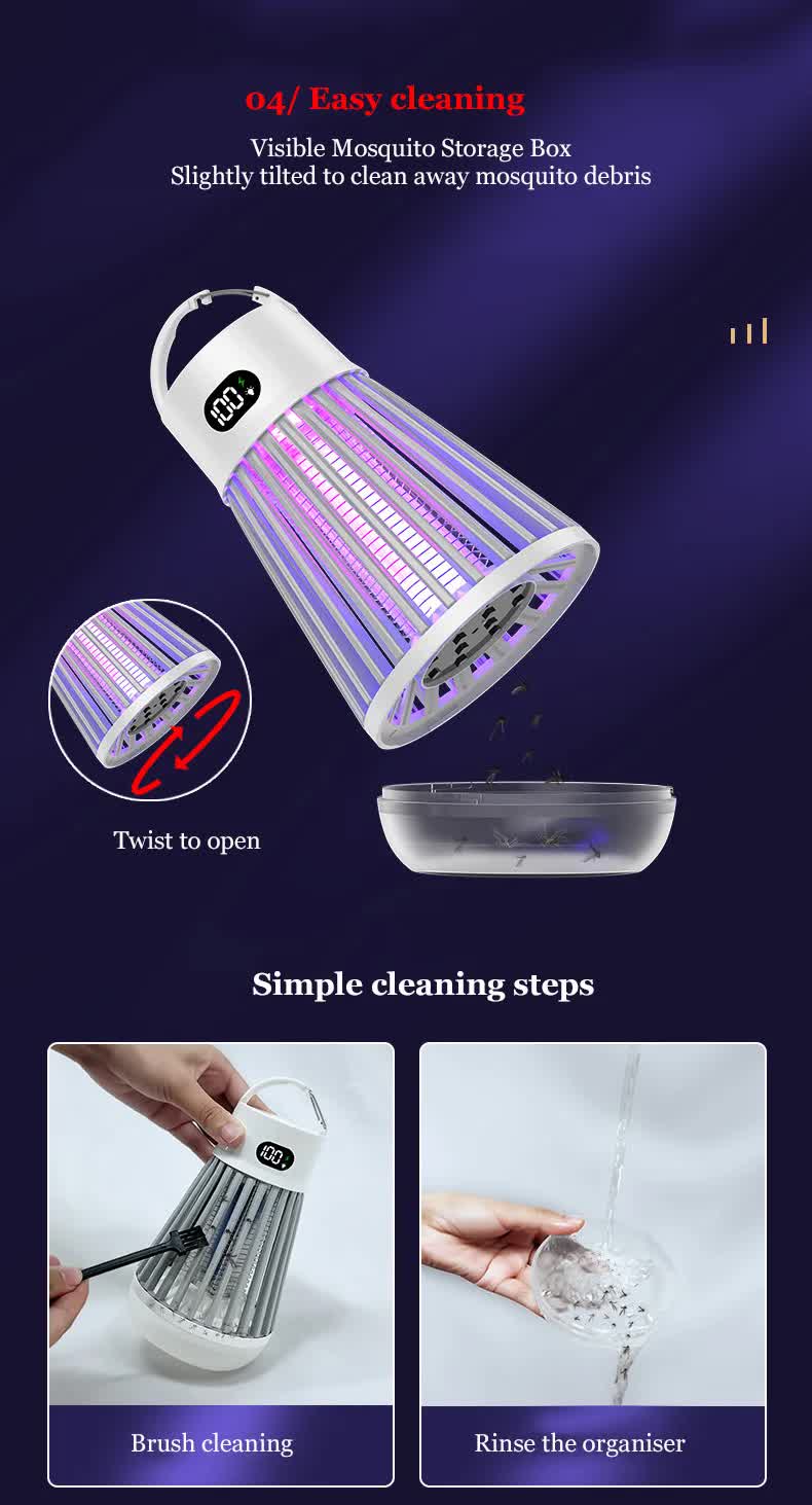 2-in-1 Rechargeable Mosquito Zapper & Camping Lantern - 2000V Electric Insect Killer with Smart Digital Display - 2000mAh Battery Portable Bug Trap for Outdoor Tent Patio & Home - IPX5 Waterproof - Black