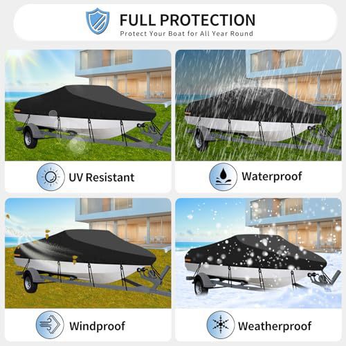 Black Heavy-Duty V-Hull Shield for 14 to 16 FT Yachts - All-Weather Water / Dust / UV Resistant 190T Silver Coated  Marine Protector