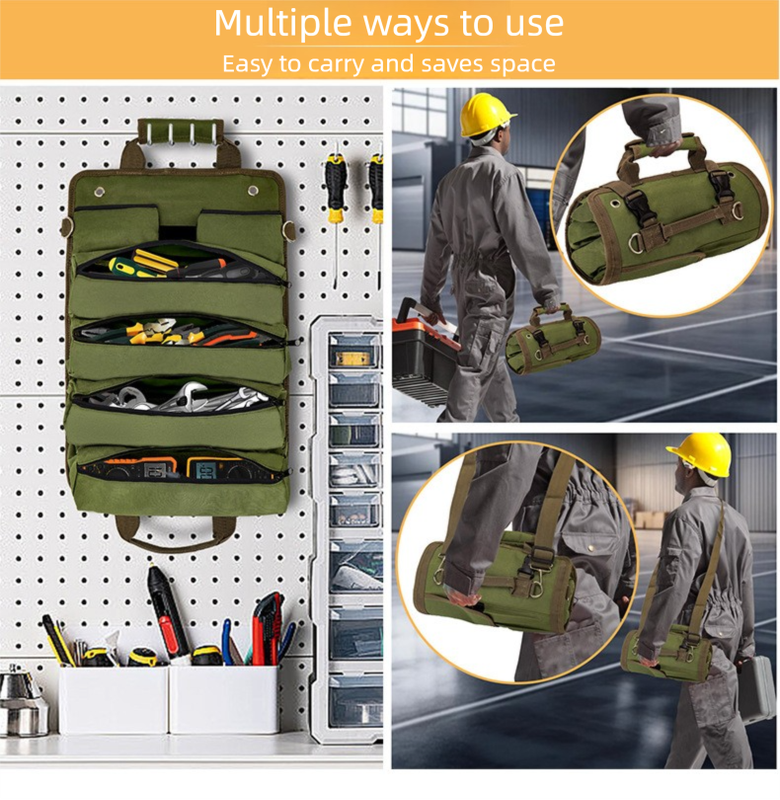 Heavy Duty Tool Roll Up Bag Organiser Multi-Pocket Canvas Carry Pouch for Electrician DIY Mechanic & 4WD Camping Light Grey