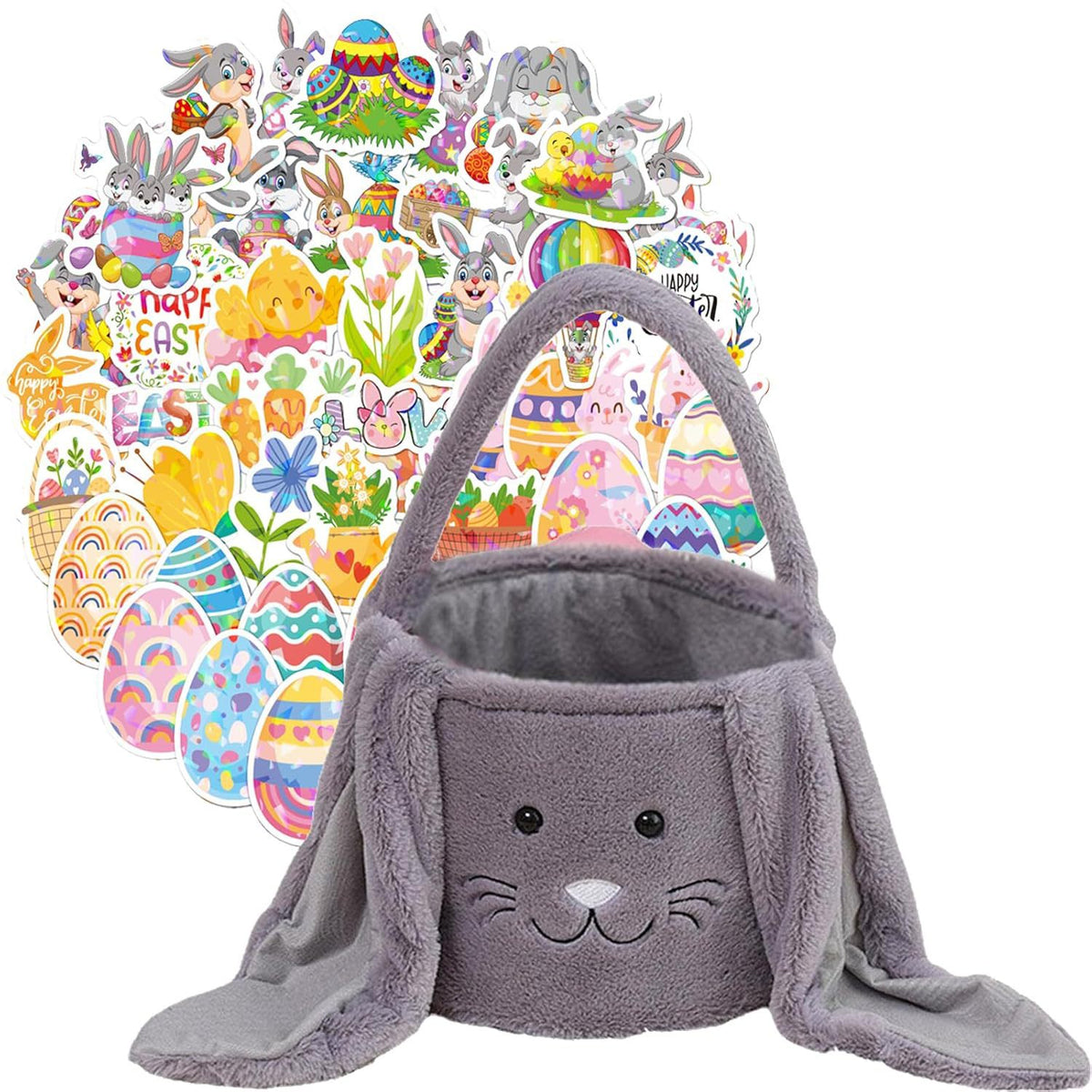 White Cute Plush Bunny Easter Basket with Long Ears and Personalization Option for Kids Egg Hunt and Spring Celebration
