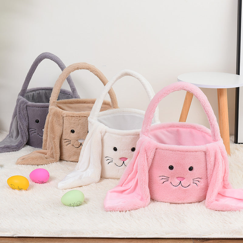 Pink Cute Plush Bunny Easter Basket with Long Ears and Personalization Option for Kids Egg Hunt and Spring Celebration