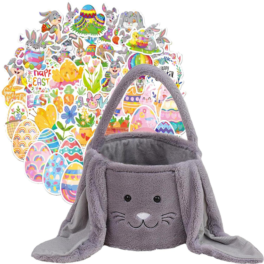 Brown Cute Plush Bunny Easter Basket with Long Ears and Personalization Option for Kids Egg Hunt and Spring Celebration