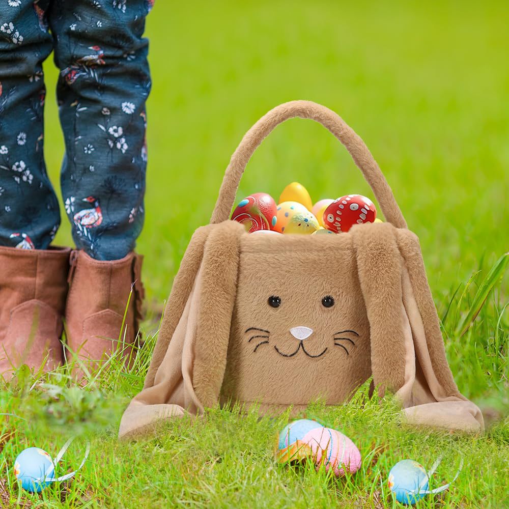 Brown Cute Plush Bunny Easter Basket with Long Ears and Personalization Option for Kids Egg Hunt and Spring Celebration