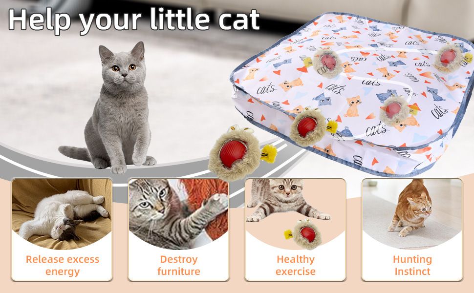 Interactive Hunting Hidden Prey Cat Toy Set - Red Plush Automatic Moving Ball & 72CM Large Crinkle Hunting Cover - Smart Obstacle Avoidance, USB Rechargeable
