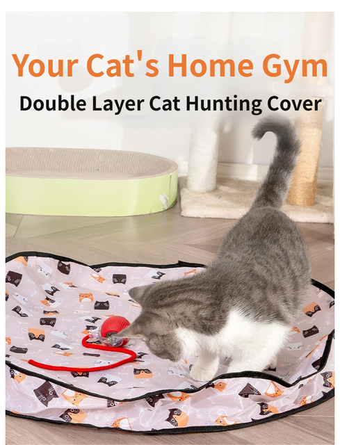 Interactive Hunting Hidden Prey Cat Toy Set - Grey Plush Automatic Moving Ball & 72CM Large Crinkle Hunting Cover - Smart Obstacle Avoidance, USB Rechargeable