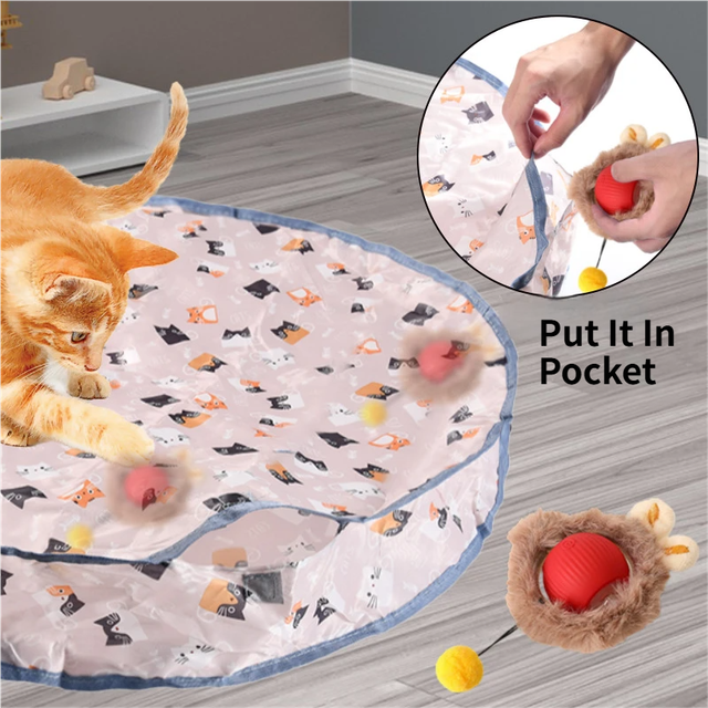 Interactive Hunting Hidden Prey Cat Toy Set - Grey Plush Automatic Moving Ball & 72CM Large Crinkle Hunting Cover - Smart Obstacle Avoidance, USB Rechargeable