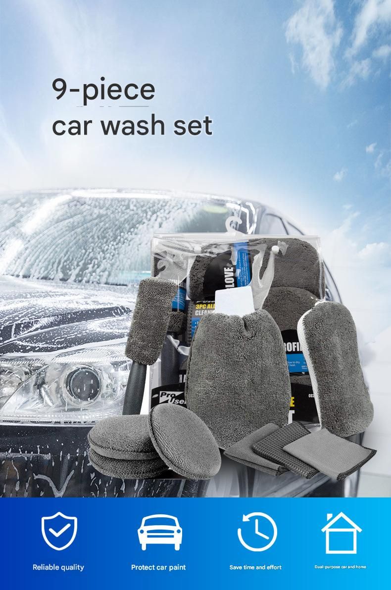 9-Piece Grey Car cleaning kit - Microfibre Wash Mitt, Sponge, Wheel Brush, Waxing Pads & Towels - Complete Auto Detailing Set for Home & Garage Use