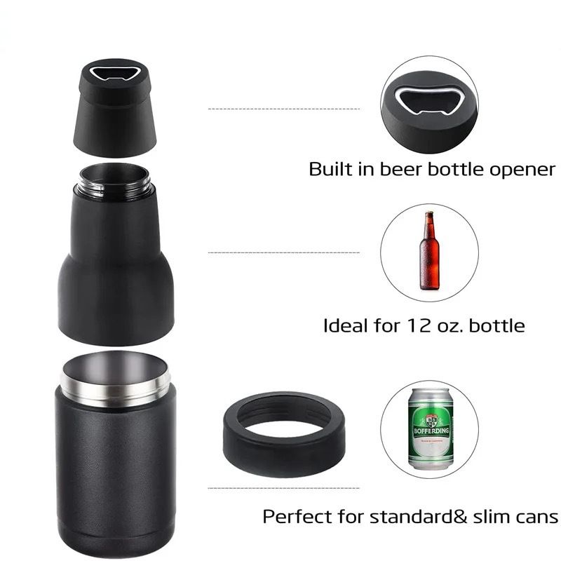3-in-1 Beer Bottle Insulated Tumbler and Can Cooler with Bottle Opener – Double Wall Stainless Steel Soda Can Insulator & Holder for Car Outdoor Beverage Storage, 12oz Green