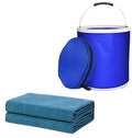 Blue Microfiber Car Cleaning Towel (60 x 160 CM) and 20L Foldable Self Standing Water Bucket (Include Zipper Bag) Combo Set - Super Absorbent and Scratch Free for Car Detailing Drying and Home Cleaning