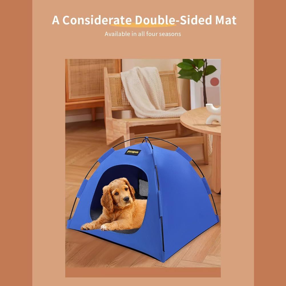 Blue All-Weather Portable Pet Tent with Dual-Sided Cushion & Insect-Proof Mesh – S Size 40 x 40 x 35 cm, Waterproof & Sun-Proof Outdoor Four Corner Dome Kennel for Dogs & Cats Travel Camping