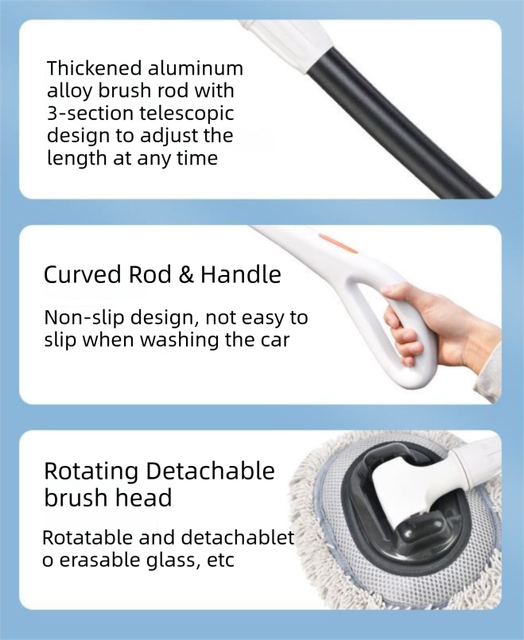 Professional Telescopic(55-120cm) Car Microfiber Wash Mop - 90° Rotating Detachable Brush Head, 15° Ergonomic Curved Rod & Handle - Durable Aluminum Alloy Chenille Brush for Car, Home and Window Cleaning