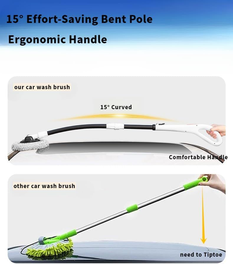 Professional Telescopic(55-120cm) Car Microfiber Wash Mop with 2 Brush Cover - 90° Rotating Detachable Brush Head, 15° Ergonomic Curved Rod & Handle - Durable Aluminum Alloy Chenille Brush for Car, Home and Window Cleaning