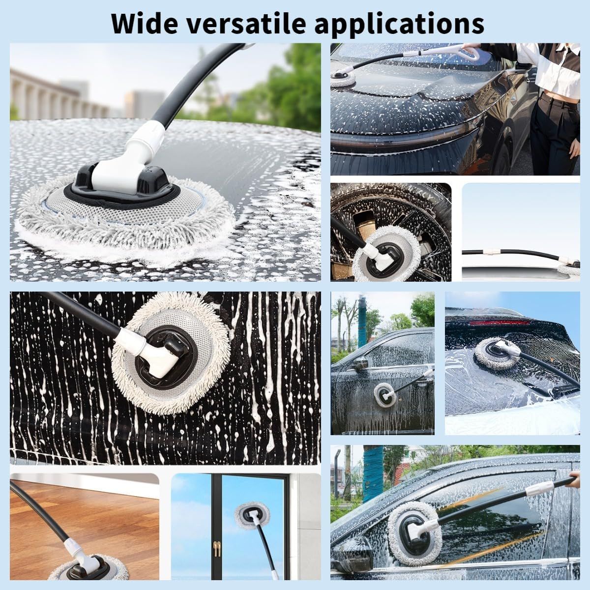 Professional Telescopic(55-120cm) Car Microfiber Wash Mop with 2 Brush Cover - 90° Rotating Detachable Brush Head, 15° Ergonomic Curved Rod & Handle - Durable Aluminum Alloy Chenille Brush for Car, Home and Window Cleaning