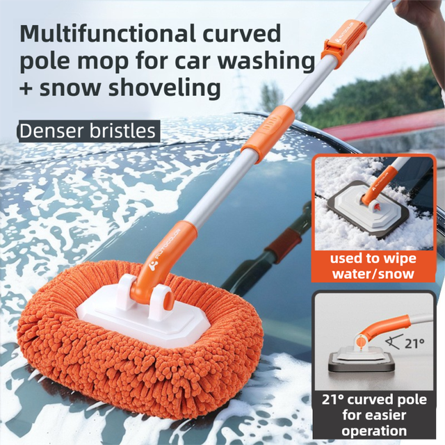 Orange 21° Curved Car Wash Mop and Snow Scraper with 180° Rotating Detachable Pole & 2 x Extra Large Microfiber Brush Cover – 2 Section Telescopic (58–101.5 CM) Aluminum Alloy Cleaning Brush for Vehicle and Home Care