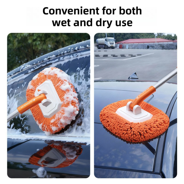 Orange 21° Curved Car Wash Mop and Snow Scraper with 180° Rotating Detachable Pole & 2 x Extra Large Microfiber Brush Cover – 2 Section Telescopic (58–101.5 CM) Aluminum Alloy Cleaning Brush for Vehicle and Home Care