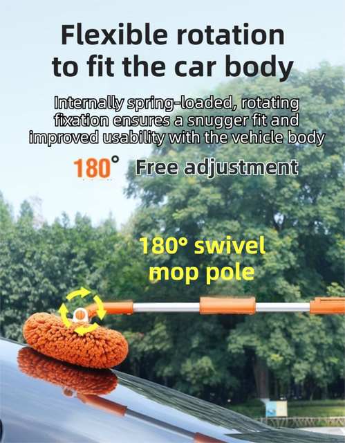 Orange 21° Curved Car Wash Mop and Snow Scraper with 180° Rotating Detachable Pole & 2 x Extra Large Microfiber Brush Cover – 2 Section Telescopic (58–101.5 CM) Aluminum Alloy Cleaning Brush for Vehicle and Home Care