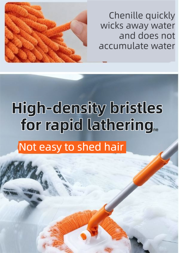 Orange 21° Curved Car Wash Mop and Snow Scraper with 180° Rotating Detachable Pole & 2 x Extra Large Microfiber Brush Cover – 2 Section Telescopic (58–101.5 CM) Aluminum Alloy Cleaning Brush for Vehicle and Home Care