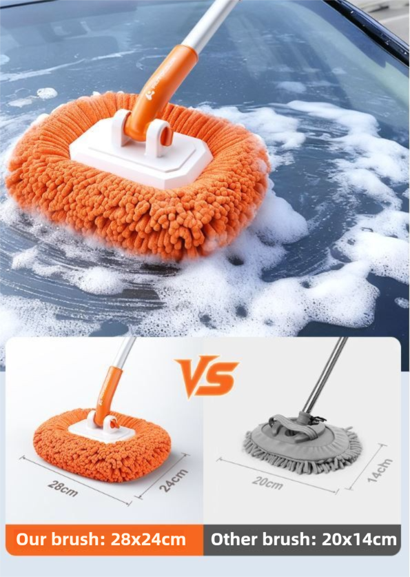 Orange 21° Curved Car Wash Mop and Snow Scraper with 180° Rotating Detachable Pole & 2 x Extra Large Microfiber Brush Cover – 2 Section Telescopic (58–101.5 CM) Aluminum Alloy Cleaning Brush for Vehicle and Home Care