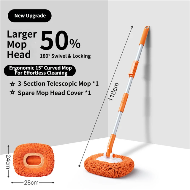 Orange 21° Curved Car Wash Mop and Snow Scraper with 180° Rotating Detachable Pole & 2 x Extra Large Microfiber Brush Cover – 2 Section Telescopic (58–101.5 CM) Aluminum Alloy Cleaning Brush for Vehicle and Home Care