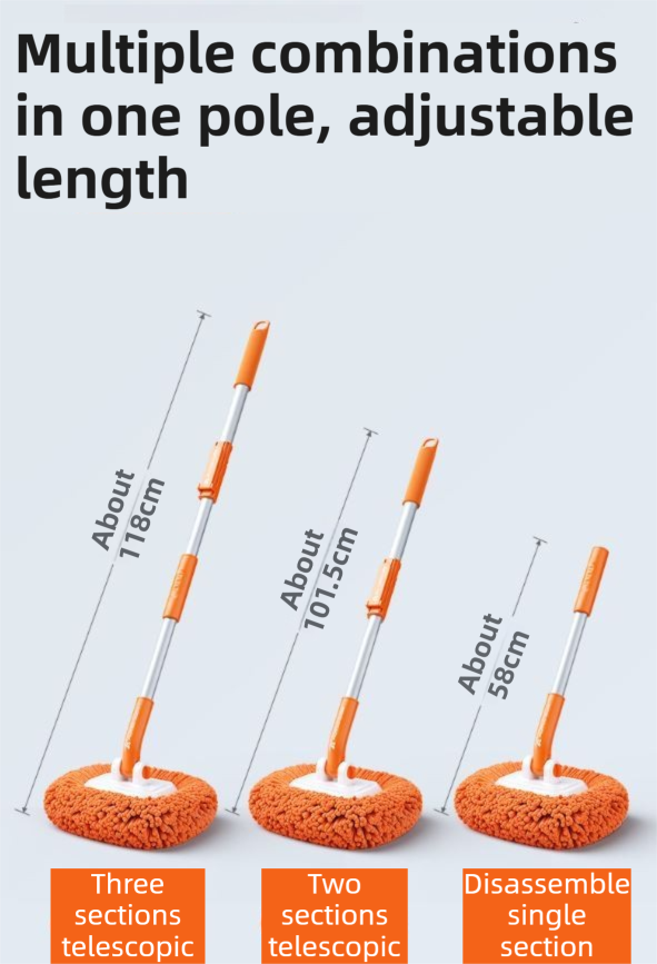Orange 21° Curved Car Wash Mop and Snow Scraper with 180°Rotating Detachable Pole & 2 x Extra Large Microfiber Brush Cover – 3 Section Telescopic (58–118 CM) Aluminum Alloy Cleaning Brush for Vehicle and Home Care