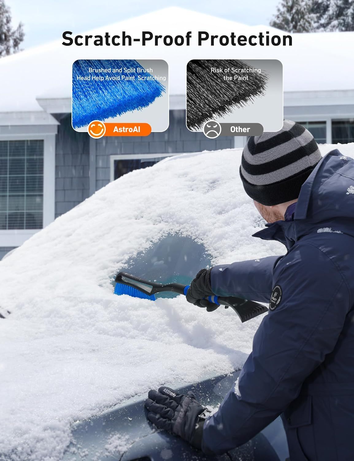 27" Car Snow Brush and Ice Scraper – 2-in-1 Detachable Car Windshield Winter Clearing Tool with Soft Foam Grip & Paint-Safe Scraping Chutes for Cars, Trucks, SUVs (Heavy Duty ABS, Thickened Nylon Brush, Orange)