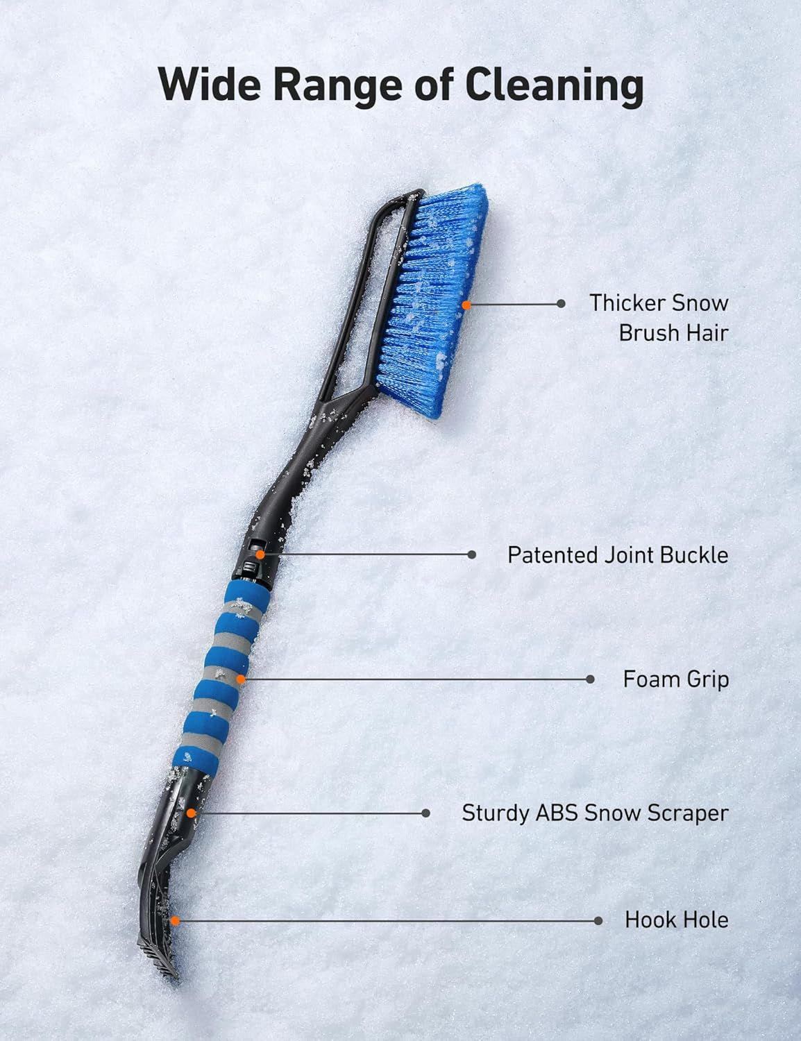27" Car Snow Brush and Ice Scraper – 2-in-1 Detachable Car Windshield Winter Clearing Tool with Soft Foam Grip & Paint-Safe Scraping Chutes for Cars, Trucks, SUVs (Heavy Duty ABS, Thickened Nylon Brush, Orange)
