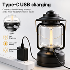 Silver and Grey Vintage LED Outdoor Camping Lantern with Warm Ambient Light - 7 Lighting Modes, 24H Long Runtime, USB-C Rechargeable, Stepless Dimming and Hanging Tent Light