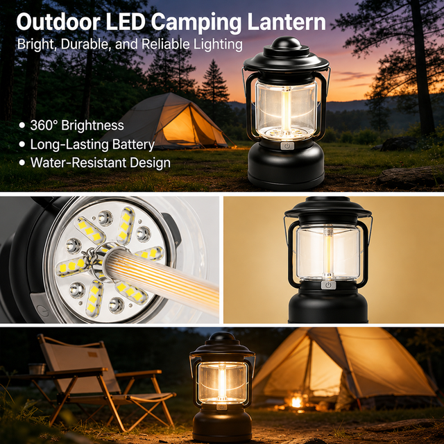 Red Vintage LED Outdoor Camping Lantern with Warm Ambient Light - 7 Lighting Modes, 24H Long Runtime, USB-C Rechargeable, Stepless Dimming and Hanging Tent Light