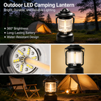Red Vintage LED Outdoor Camping Lantern with Warm Ambient Light - 7 Lighting Modes, 24H Long Runtime, USB-C Rechargeable, Stepless Dimming and Hanging Tent Light