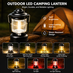 Red Vintage LED Outdoor Camping Lantern with Warm Ambient Light - 7 Lighting Modes, 24H Long Runtime, USB-C Rechargeable, Stepless Dimming and Hanging Tent Light