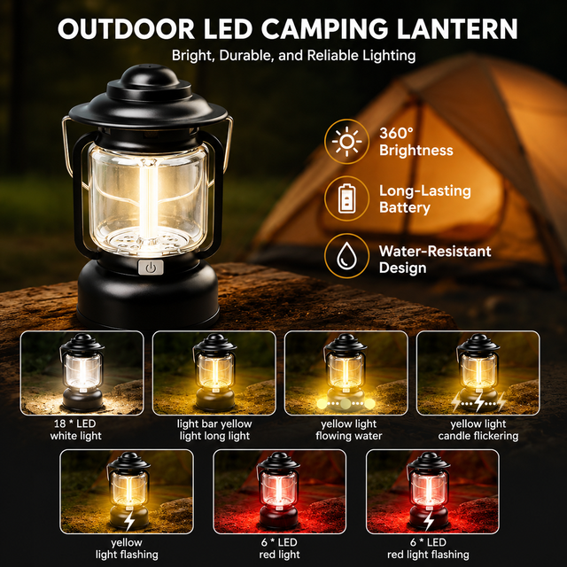 Red Vintage LED Outdoor Camping Lantern with Warm Ambient Light - 7 Lighting Modes, 24H Long Runtime, USB-C Rechargeable, Stepless Dimming and Hanging Tent Light