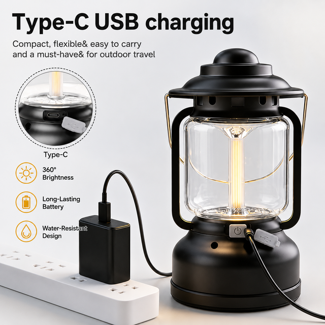 Red Vintage LED Outdoor Camping Lantern with Warm Ambient Light - 7 Lighting Modes, 24H Long Runtime, USB-C Rechargeable, Stepless Dimming and Hanging Tent Light