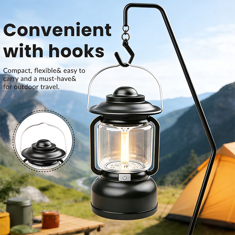 2PCS Black Vintage LED Outdoor Camping Lantern with Warm Ambient Light - 7 Lighting Modes, 24H Long Runtime, USB-C Rechargeable, Stepless Dimming and Hanging Tent Light